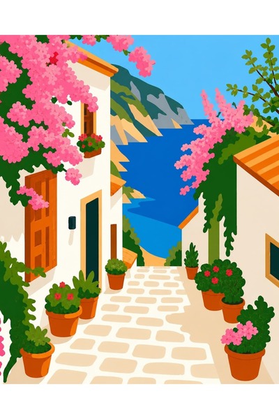 Sayılarla Boyama Seti 20x25 cm - Denize İnen Çiçekli Patika Ahşap Kasnaklı Akrilik Hobi Kiti