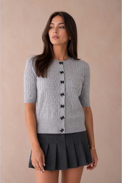 DOLCE QUEEN Women's Gray Bow Button Detailed Hair Knit Knitwear Jacket