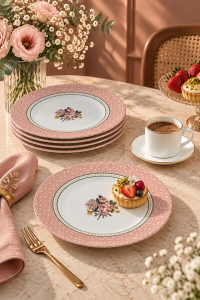 Tulu Porselen Rose Bouquet 4 Parça Pasta Seti (19 CM)