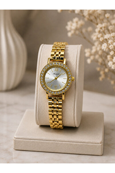Kadın Gold Çelik Kordon Taşlı Bezel Gümüş Kadran Kol Saati