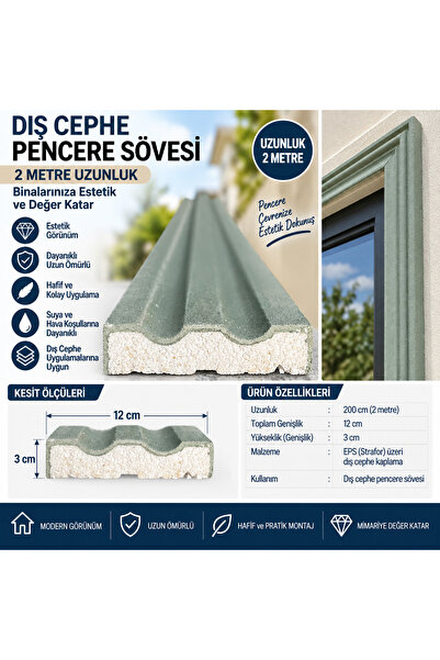 Nalbur Diyarı Dış Cephe Sövesi EPS Strafor Dekoratif Söve Profil 9x3 cm 2 Metre