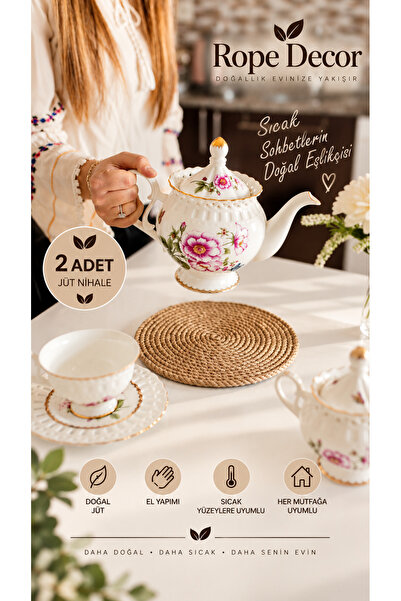 Rope Decor قطعتان من قاعدة وعاء الشاي المصنوعة يدويًا من الجوت الطبيعي مقاس 2...