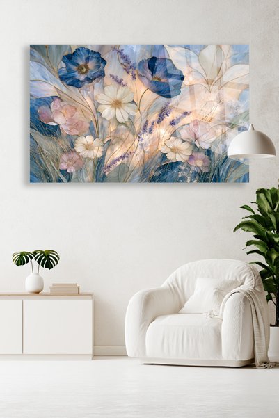 TAULART TABLOU DE STICLA CU VITRAJ ALBASTRU CU FLORI DECOR DE PERETE BOTANIC ...