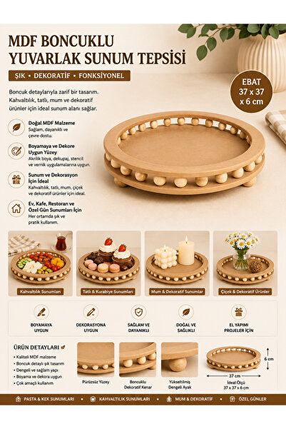 Eymen Hobi Mdf Round Presentation Tray with Bead Detail 37X37X6 cm