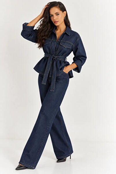Cool & Sexy Kadın Koyu Lacivert Denim Kuşaklı Ceket & Bol Paça Jean İkili Takım