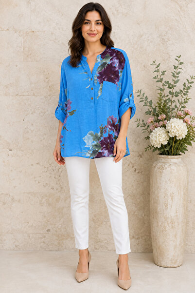 AGORATEKSTİL Women's Italian Cotton Fabric Notched Collar Three Quarter Sleev...