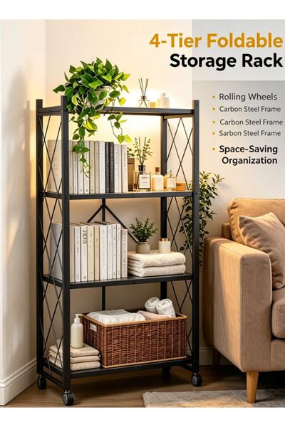 Generic foldable storage shelf, rolling cart with wheels, metal storage rack,...