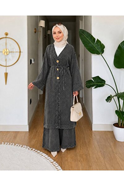 pembiş tesettür Ceren Pantolonlu İkili Takım muhteşem kimono takım tensel kum...