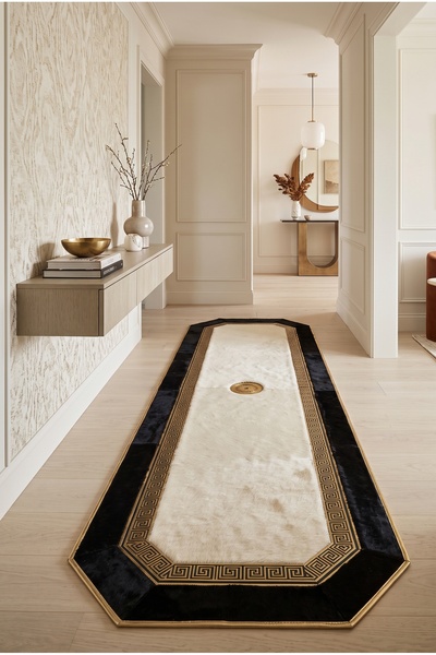 Siyah Beyaz Renkli Özel Tasarım Gold Varaklı Peluş Yolluk ve Salon Halısı