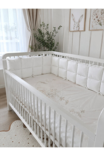 Jaju Baby 60x120 cm Beşik Kenar Koruma – Beyaz, Boncuk Elyaf Dolgulu %100 Pamuk