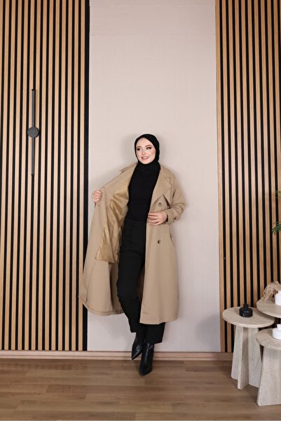 Vibeys Moda Keten Kumaş Su Geçirmez Astarlı Ve Kemerli Araboy Kadın Trençkot