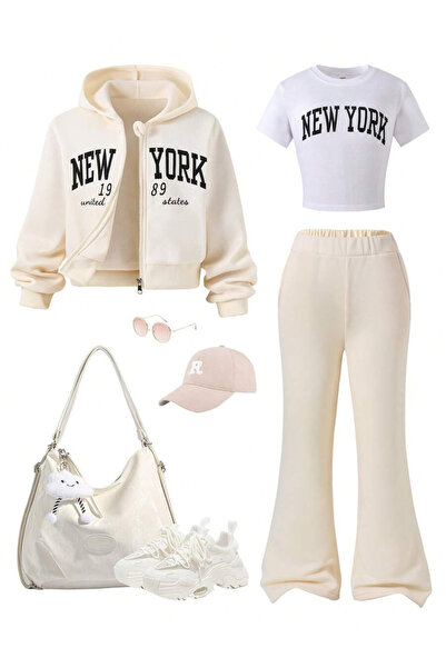 cc collection Kız Çocuk New York Baskılı 3’lü Takım Crop Tişört Fermuarlı Kap...
