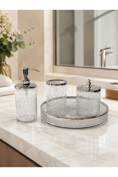 Hinora Crystal Patterned 4-Piece Bathroom Accessory Set – Silver