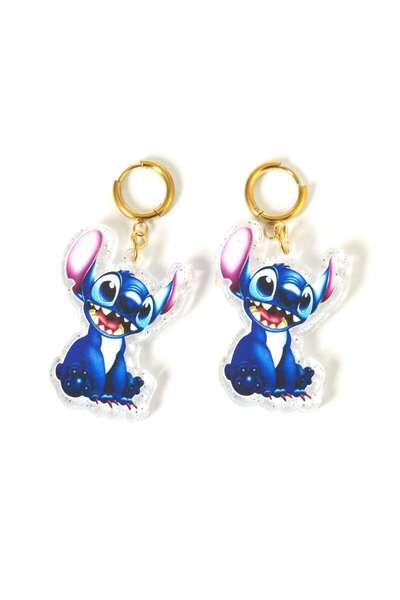NO BRAND Σκουλαρίκια με Stitch σε διάφανο glitter plexiglass κρεμαστό χρυσό μ...