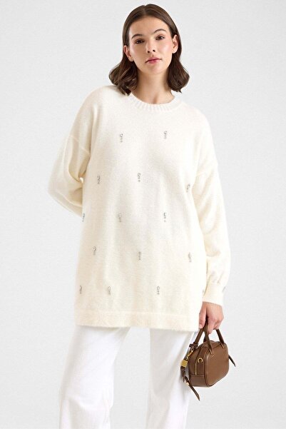 Olcay Stone Detailed Soft Fabric Oversize Knitwear Sweater Ecru 8290