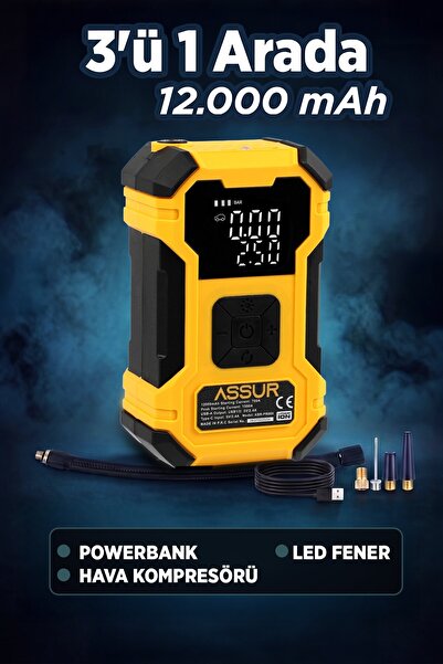 ASSUR 12.000 mAh Taşıma Çantalı Oto Kompresör| Hava Kompresörü | Powerbank | ...