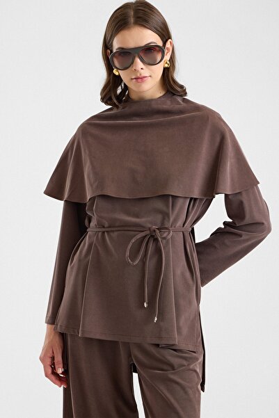 Olcay Şal Aksesuarlı Premium Kumaş Tunik Pantolon KAHVE 9470-TK