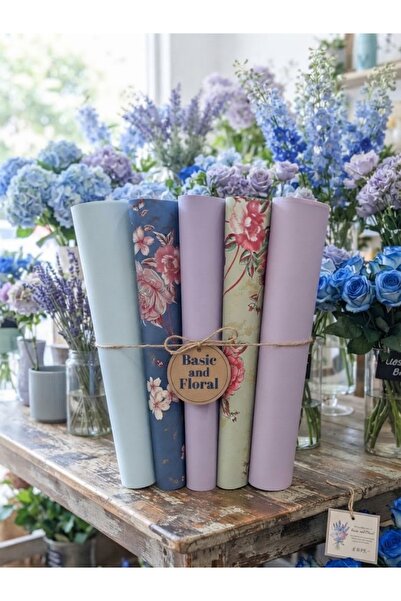 hobidaşım Basic and Floral Lüks Çiçek Ambalaj Kağıdı Seti - Düz ve Desenli Bu...