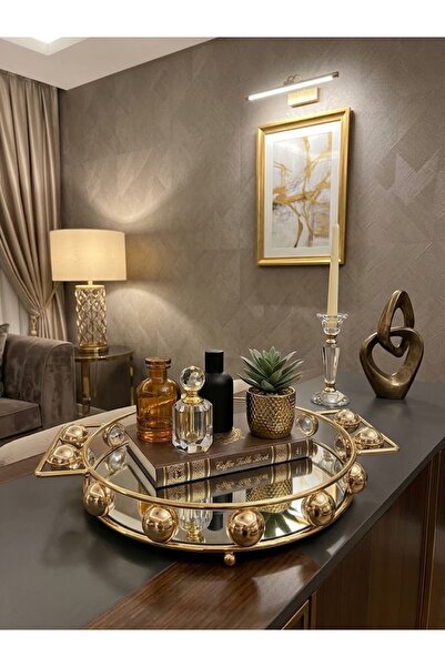 mysecrethome Gold Detaylı Aynalı Yuvarlak Dekoratif Tepsi – Lüks Sunum ve Dek...