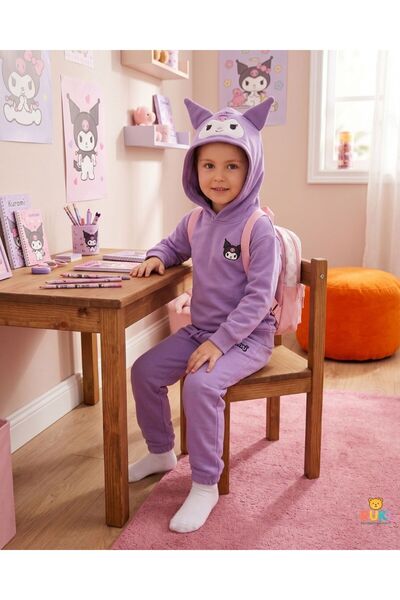 Ruki Çocuk Kız Çocuk Mor Kuromi Nakışlı Kapüşonlu Sweatshirt ve Lastik Paçalı...