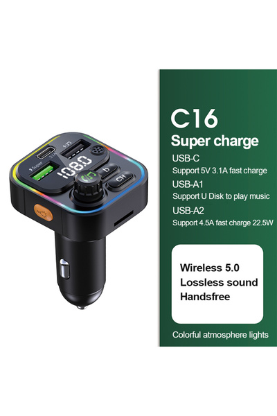 Choice C16-Black جهاز إرسال FM لاسلكي يعمل بتقنية البلوتوث 5.0 ومشغل MP3 مع م...