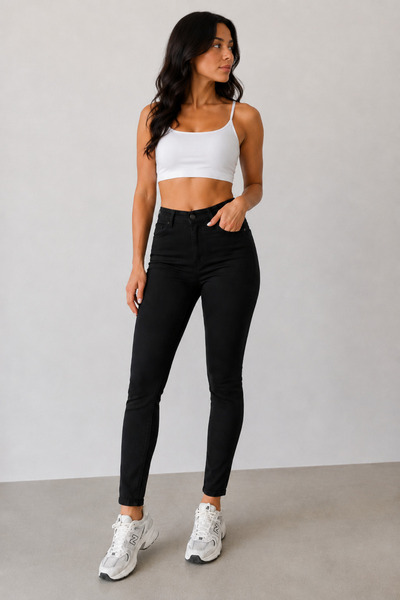 SHEVEGA Γυναικείο μαύρο ψηλόμεσο λινό παντελόνι Lycra Slim Fit Full Fit