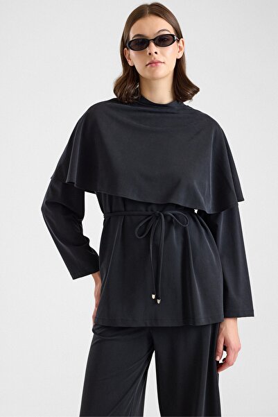 Olcay Şal Aksesuarlı Premium Kumaş Tunik Pantolon SİYAH 9470-TK