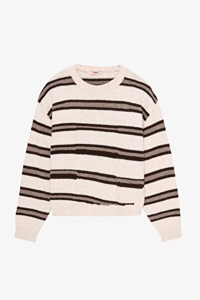 Quzu Stripe Detailed Knitwear Sweater - Beige