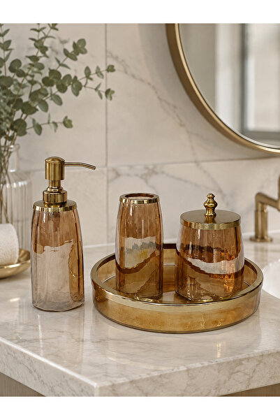 Hinora Amber Glass Brass Detailed 4 Piece Bathroom Accessory Set Stylish Bath...