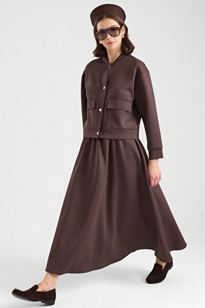 Olcay Torba Cep Detaylı Ceket Etek İkili Scuba Takım KAHVE 9469-TK