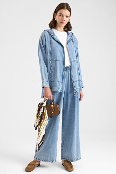 Olcay Fermuar Kapamalı Kapüşonlu Soft Denim Ceket Pantolon İkili Takım AÇIK MAVİ 9402-TK