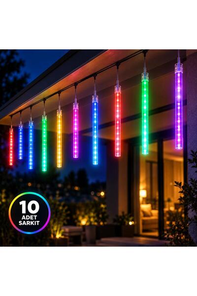 BERHAT RGB Meteor Led Işık 10 Adet Sarkıtlı Akan Işık Efektli Dekoratif Dış M...