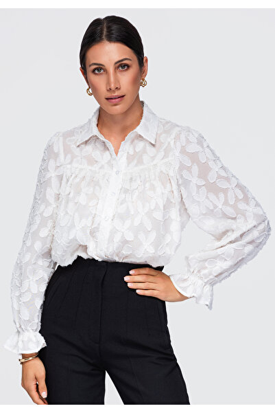OMBRE Cămașă de damă, croială lejeră, guler clasic OW-SH-E0074 Bej