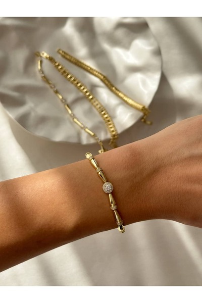 Alveole Jewelry 14K Yuvarlak Zirkon Taş Merkezli Geometrik Bileklik