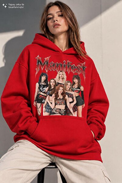 TREND EMMODA Kadın Oversize Mnifest Baskılı Kanguru Cepli Kapüşonlu Sweatshirt
