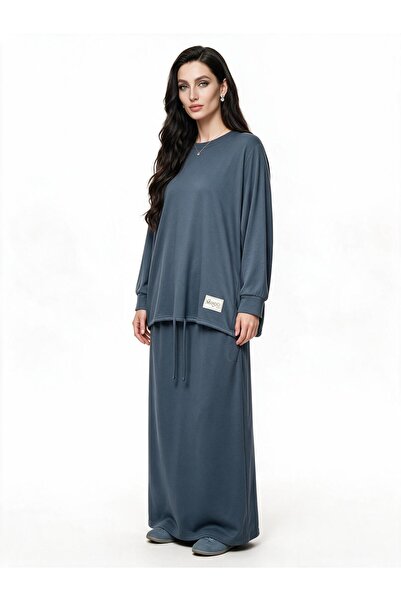 Mandolin Kadın Siyah Büzgülü Sweatshirt Tunik Ve Cepli Maxi Etek İkili Takım