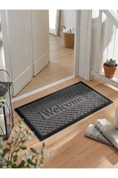 tiritoğluhome 45 x 75 cm Gri Welcome Yazılı Halı Paspas Kaymaz Taban İç/Dış M...