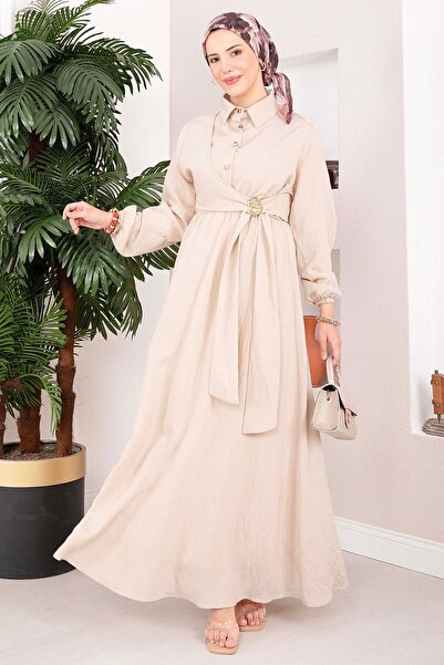 EBRUTESETTÜR Gold Brooched Side Tie Hijab Dress Beige