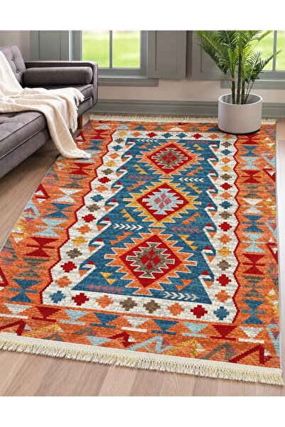 Safir Kilim Safir Şönil Çift Taraflı Kilim Seri Renkli Özel Etnik Desenli Mak...