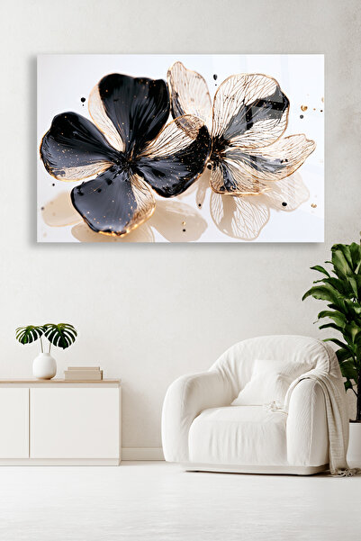 TAULART TABLIE DE STICLĂ CU FLORI AURII NEGRE, DECOR DE PERETE MINIMAL CU FON...
