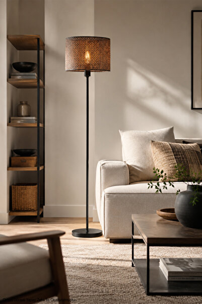 Modelight Lantis Modern Dekoratif Siyah Metal Gövdeli Hasır Şapkalı Lambader-...