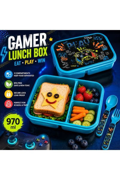 IRO Cutie de prânz pentru copii gameri, 970ml, 3 compartimente, model gaming cu controler, albastru, pentru școală, sandvișuri și gustări