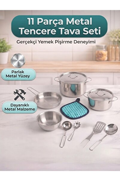 Tıfıl Toys Çocuk Oyuncak Mutfak Seti 11 Parça Metal Tencere Tava ve Mutfak Ge...