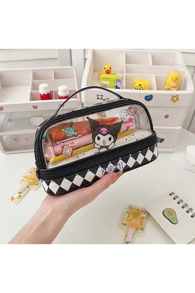 Choice black Sanrio cartoon stationery storage bag, double-layer pencil case,...