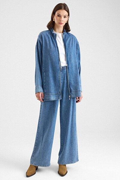Olcay Zipper Closure, Lace Detail, Soft Denim Jacket and Trousers Two-Piece S...