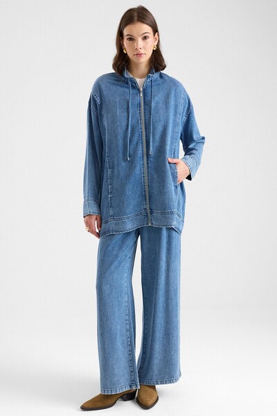 Olcay Fermuar Kapamalı Bağcık Detaylı Soft Denim Ceket Pantolon İkili Takım MAVİ 9468-TK