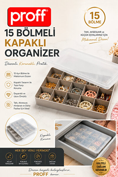 Proff 15 Compartment Jewelry Makeup Drawer Organizer with Lid Cosmetic Access...