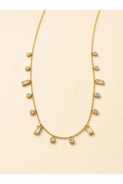 Generic Minimal Anti-Tarnish Necklace with Clear Stone Charms, Gold Tone