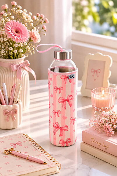 H2O Kılıflı Fiyonk Desenli Cam Su Şişesi Matara 750 ml – Çelik Kapaklı Taşıma...