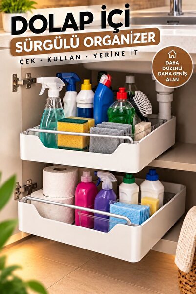 Kitchen Beauty Çok Amaçlı Raylı Dolap İçi Çekmece Organizer Sürgülü Mutfak Banyo Kiler Düzenleyici Organizer 1 Adet